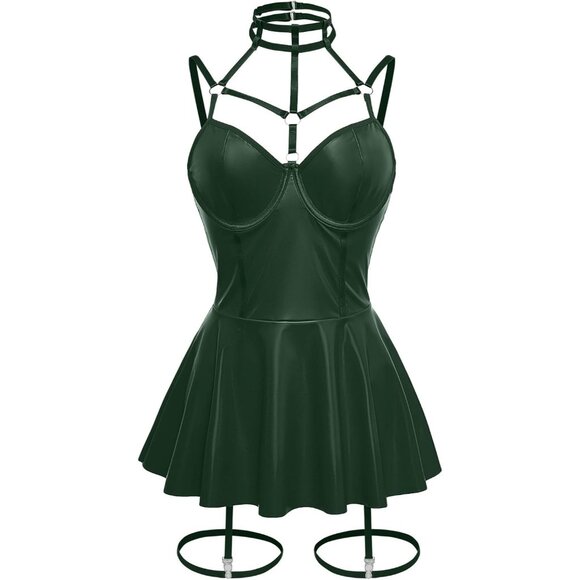 Women Green Strappy Leather Underwire Choker Garter Belt Lingerie Set Dress - Picture 6 of 6